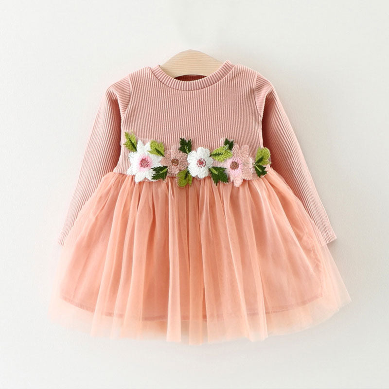Jersey Cotton Long sleeve Tutu Dress with Flower Decor Waist for